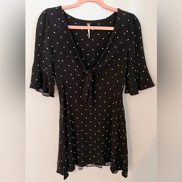 Free People Polka Dot Mini Dress Size 2 Black Tie Neck - Picture 5 of 10